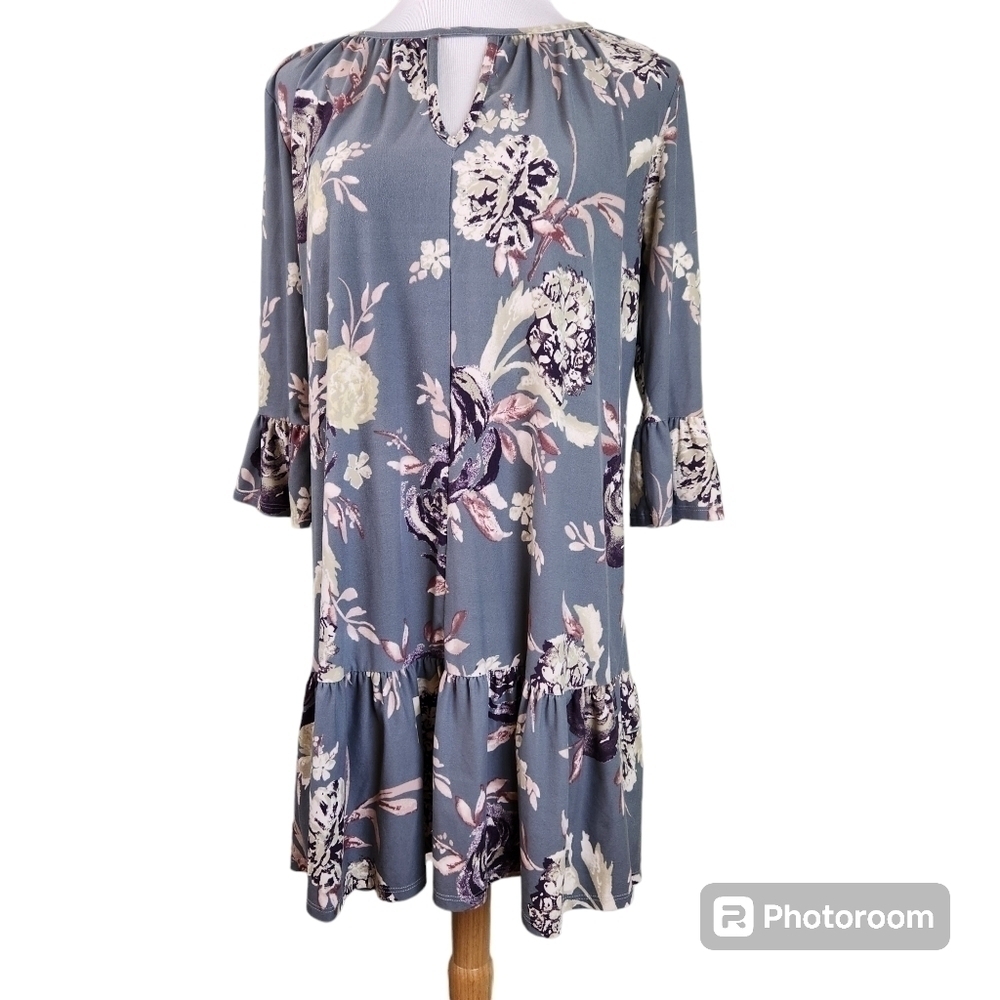 Anthropologie Everly Gray Floral Midi Flare Sleeve Keyhole Floral Dress, sz Larg